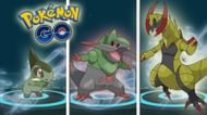 Axew alongside its evolutions Fraxure and Haxorus (Image via Niantic)